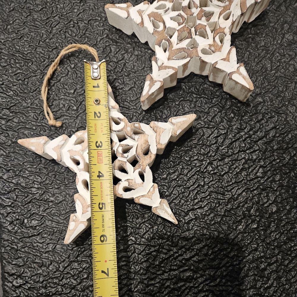Pair White Washed Wood Snowflake Ornament Decor Farmhouse Holiday Decoration - Picture 6 of 7